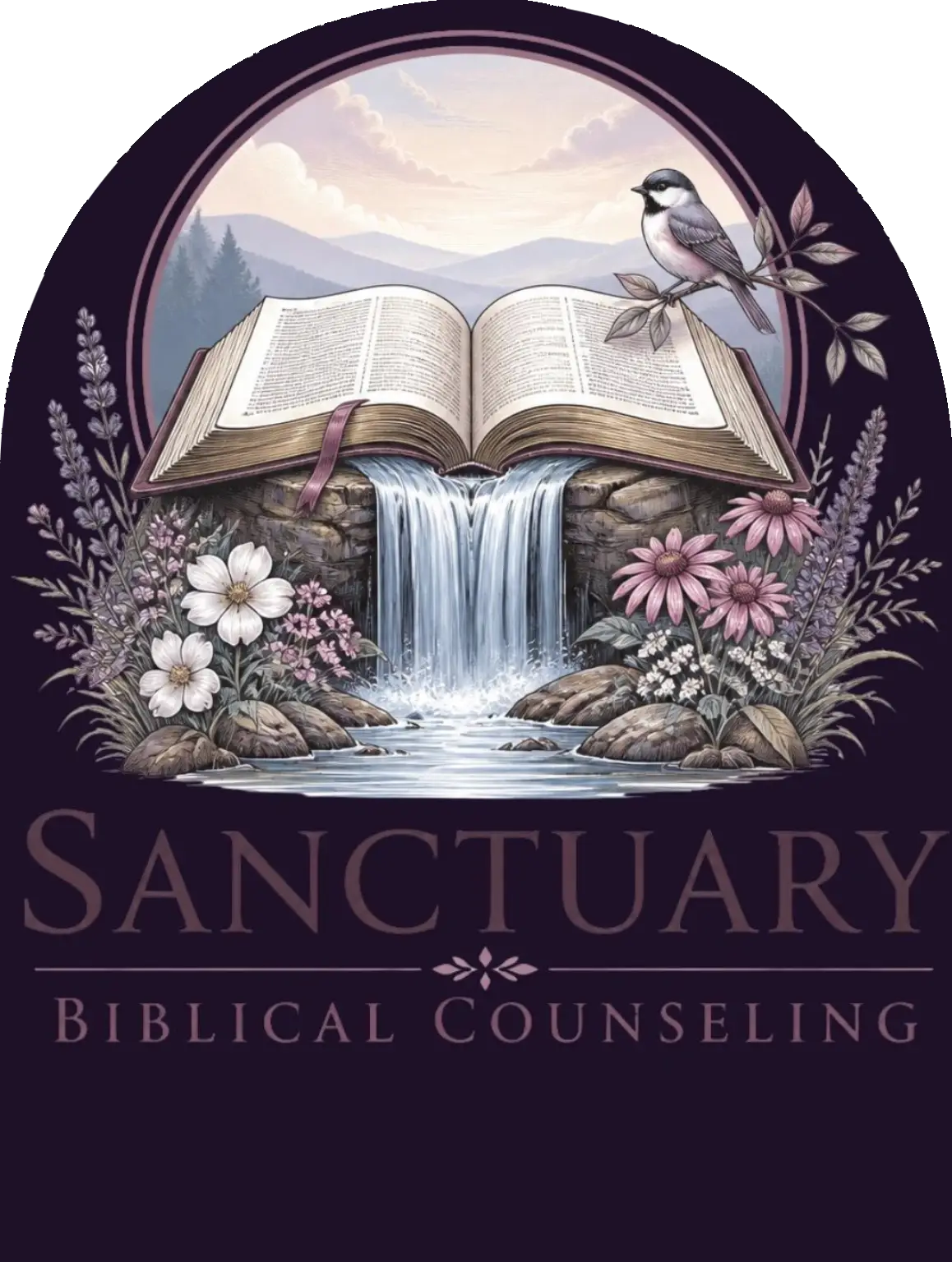 Open Bible flowing into waterfall with perched bird